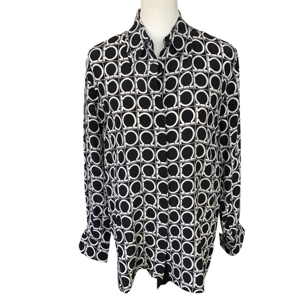 Tango Black White Geometric Button Front 100% Silk Corpcore Office Blouse‎ S